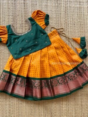 Traditional & Authentic Kanchivaram Pattu Paavadai & Sattai - Golden Yellow & Dark Green (Ready to Dispatch)