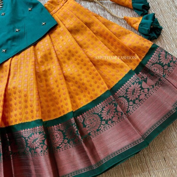 Traditional & Authentic Kanchivaram Pattu Paavadai & Sattai - Golden Yellow & Dark Green (Ready to Dispatch)