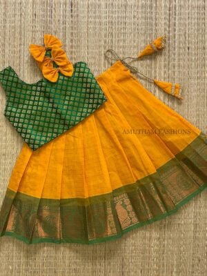 Sungudi Cotton Paavadai & Sattai - Orange & Leaf Green (Ready to Dispatch)