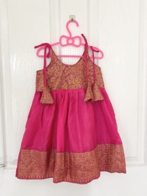 Semi Banarasi Pattu Frock - Knot Type (Pink) (Ready to Dispatch)