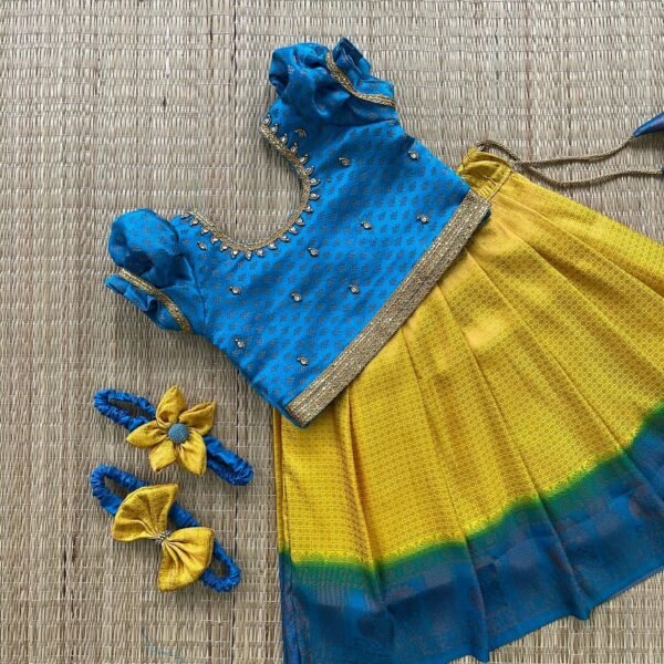 Soft Kubera Pattu Paavadai & Sattai – Lemon Yellow & Blue (Pre Booking)