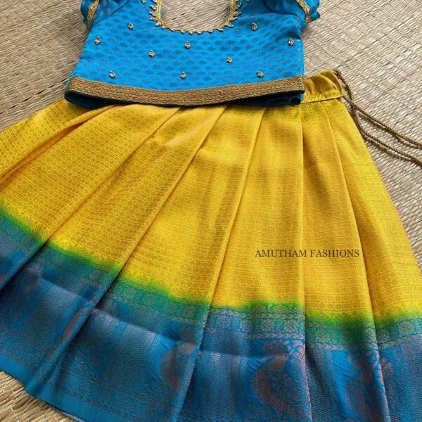 Soft Kubera Pattu Paavadai & Sattai – Lemon Yellow & Blue (Pre Booking)