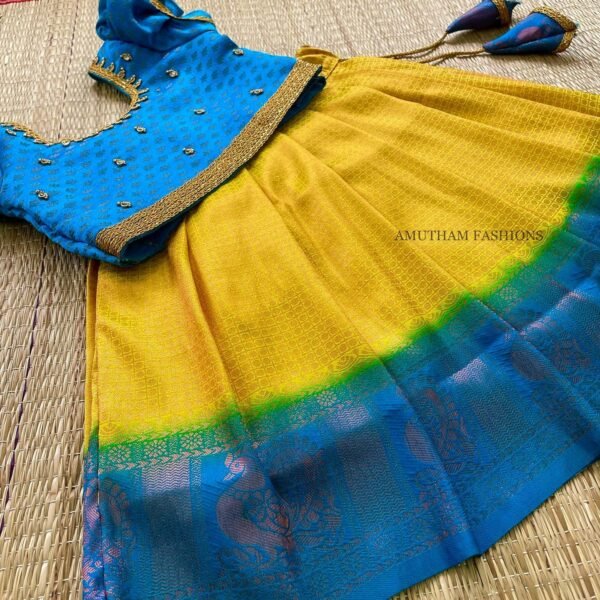 Soft Kubera Pattu Paavadai & Sattai – Lemon Yellow & Blue (Pre Booking)