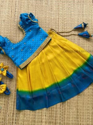 Soft Kubera Pattu Paavadai & Sattai – Lemon Yellow & Blue (Pre Booking)