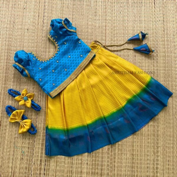 Soft Kubera Pattu Paavadai & Sattai – Lemon Yellow & Blue (Pre Booking)
