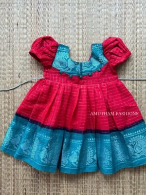 Tomato Red & Ramar Green Border Sungudi Cotton Frock - Puff Sleeves (Ready to Dispatch)