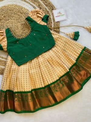 Natural Green & Cream Color 1000 butta Kanchipattu Paavadai & Sattai (Ready to Dispatch)