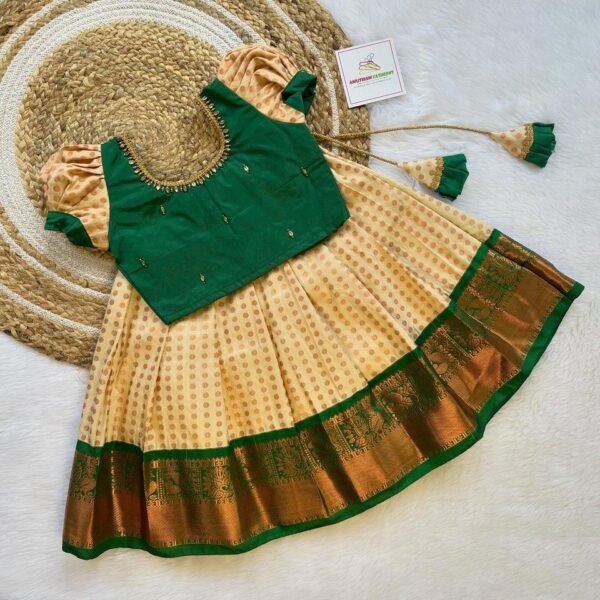 Natural Green & Cream Color 1000 butta Kanchipattu Paavadai & Sattai (Ready to Dispatch)