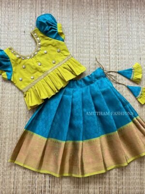 Kora Muslin Silk Paavadai & Sattai - Peacock Blue & Sheen Green (Ready to Dispatch)