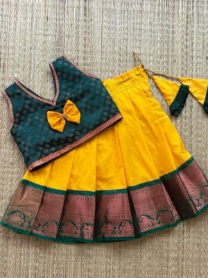 Yellow & Dark Green Kanchivaram Pattu Paavadai & Sattai(Ready to Dispatch)