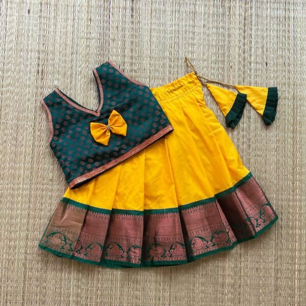 Yellow & Dark Green Kanchivaram Pattu Paavadai & Sattai(Ready to Dispatch)