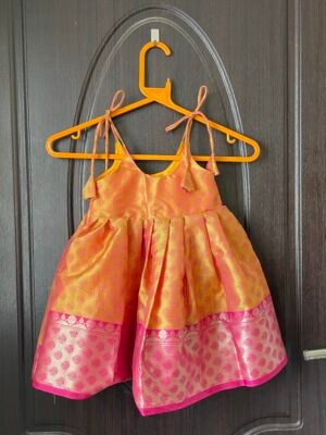 Mustard Yellow & Pink Kora Muslin Silk Frock – Knot Type (Ready to Dispatch)