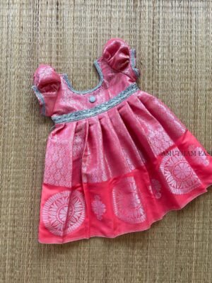 Silver Zari Semi Banarasi Pattu Frock - Flamingo Peach (Ready to Dispatch)