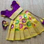 Floral Pattern Pure Litchi Silk Paavadai & Sattai - Yellow & Voilet (Ready to Dispatch)