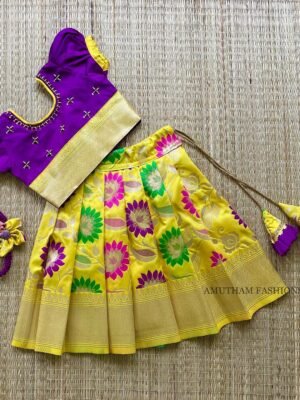 Floral Pattern Pure Litchi Silk Paavadai & Sattai - Yellow & Voilet (Ready to Dispatch)