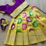 Floral Pattern Pure Litchi Silk Paavadai & Sattai - Yellow & Voilet (Ready to Dispatch)