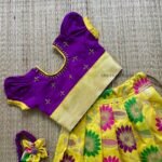 Floral Pattern Pure Litchi Silk Paavadai & Sattai - Yellow & Voilet (Ready to Dispatch)