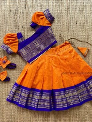 Handloom Zari Kattam Kalyani Pattu Paavadai & Sattai - Orange & Bluish Voilet Border (Ready to Dispatch)