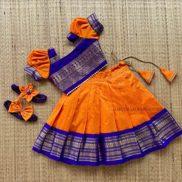 Handloom Zari Kattam Kalyani Pattu Paavadai & Sattai - Orange & Bluish Voilet Border (Ready to Dispatch)