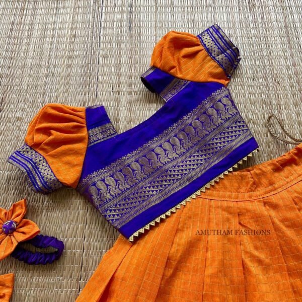 Handloom Zari Kattam Kalyani Pattu Paavadai & Sattai - Orange & Bluish Voilet Border (Ready to Dispatch)