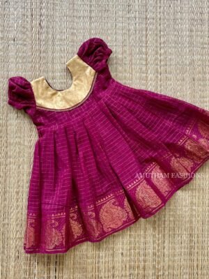 Sungudi Cotton Frock - Maroon Color-Puff Sleeves (Ready to Dispatch)