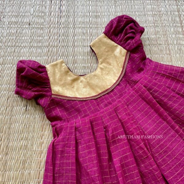 Sungudi Cotton Frock - Maroon Color-Puff Sleeves (Ready to Dispatch)