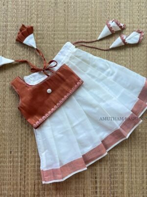 Tissue Silk & Off-White Copper Zari Kerala Kasavu Cotton Paavadai & Sattai (Pre Booking)