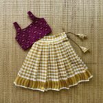 Wine Color & Checked Pattern Golden Zari Kerala Kasavu Cotton Paavadai & Sattai (Pre Booking)