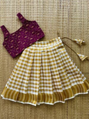 Wine Color & Checked Pattern Golden Zari Kerala Kasavu Cotton Paavadai & Sattai (Pre Booking)