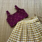 Wine Color & Checked Pattern Golden Zari Kerala Kasavu Cotton Paavadai & Sattai (Pre Booking)