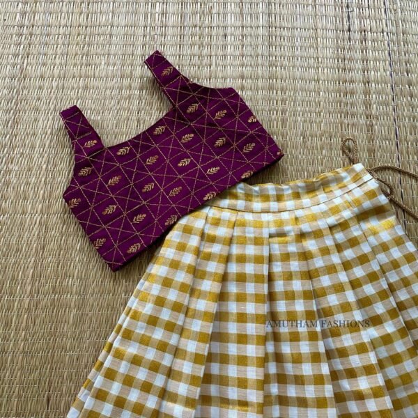 Wine Color & Checked Pattern Golden Zari Kerala Kasavu Cotton Paavadai & Sattai (Pre Booking)