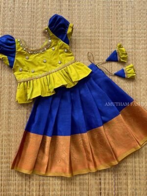 Kora Muslin Silk Paavadai & Sattai - Sheen Green & Navy Blue (Ready to Dispatch)