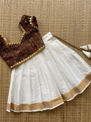 Brown Color & Golden Zari Kerala Kasavu Cotton Paavadai & Sattai (Pre Booking)