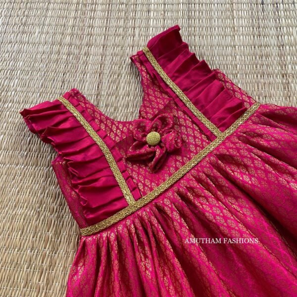 Punch Pink Side Frills Brocade Pattu Frock (Pre Booking)