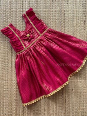 Punch Pink Side Frills Brocade Pattu Frock (Pre Booking)
