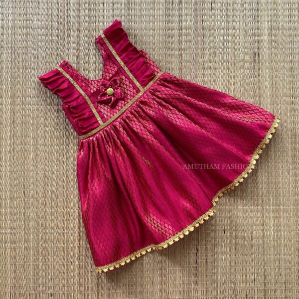 Punch Pink Side Frills Brocade Pattu Frock (Pre Booking)