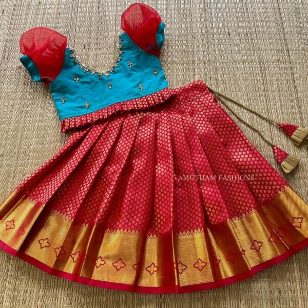 Chilli Red & Pastel Green Kanchipuram Pattu Paavadai & Sattai (Pre Booking)
