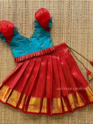 Chilli Red & Pastel Green Kanchipuram Pattu Paavadai & Sattai (Pre Booking)