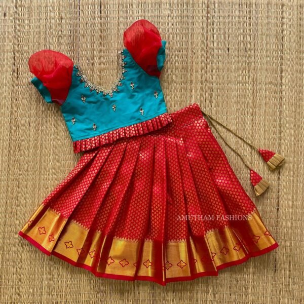 Chilli Red & Pastel Green Kanchipuram Pattu Paavadai & Sattai (Pre Booking)