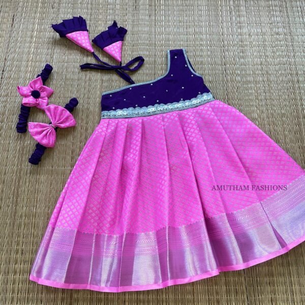 Barbie Pink & Deep Voilet Combo Kanchi Pattu Frock-Silver Zari (Pre Booking)