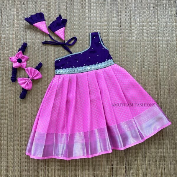 Barbie Pink & Deep Voilet Combo Kanchi Pattu Frock-Silver Zari (Pre Booking)