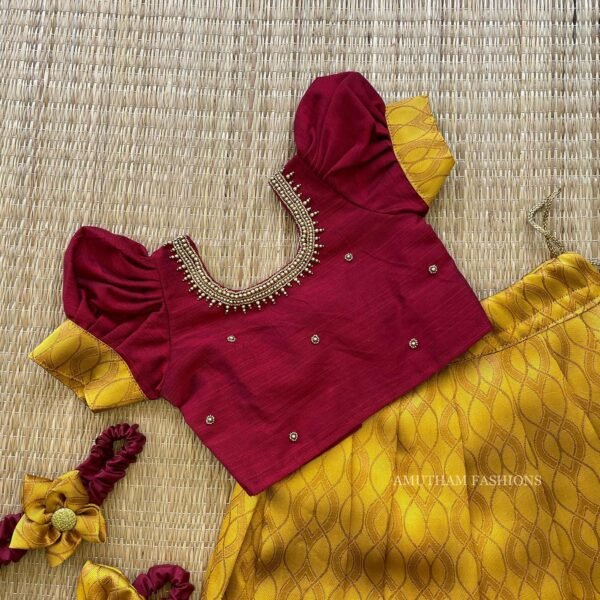 Mustard Yellow & Maroon Combo Banarasi Pattu Paavadai & Sattai (Pre Booking)