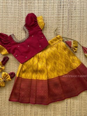 Mustard Yellow & Maroon Combo Banarasi Pattu Paavadai & Sattai (Pre Booking)