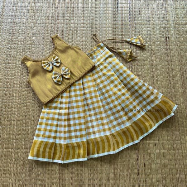 Golden Color & Checked Pattern Golden Zari Tissue Silk Paavadai & Sattai (Pre Booking)