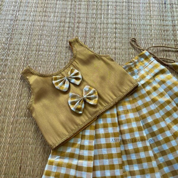 Golden Color & Checked Pattern Golden Zari Tissue Silk Paavadai & Sattai (Pre Booking)