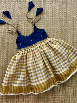 Dark Blue Color & Golden Zari Checked Kerala Kasavu Frock (Pre Booking)