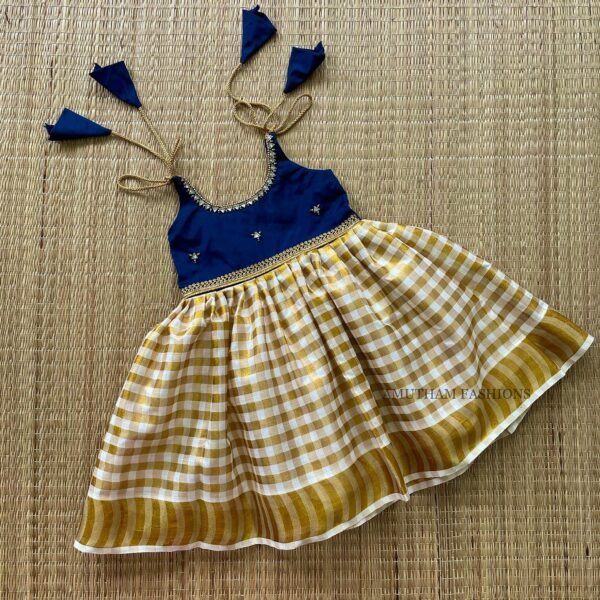 Dark Blue Color & Golden Zari Checked Kerala Kasavu Frock (Pre Booking)