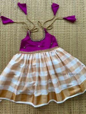 Magenta Color & Checked Pattern Zari Kerala Kasavu Frock (Pre Booking)