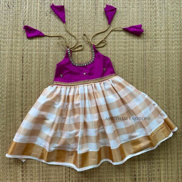 Magenta Color & Checked Pattern Zari Kerala Kasavu Frock (Pre Booking)