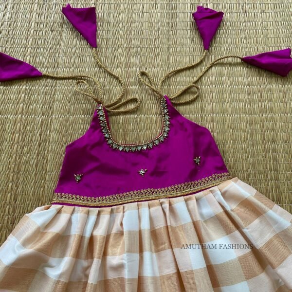 Magenta Color & Checked Pattern Zari Kerala Kasavu Frock (Pre Booking)